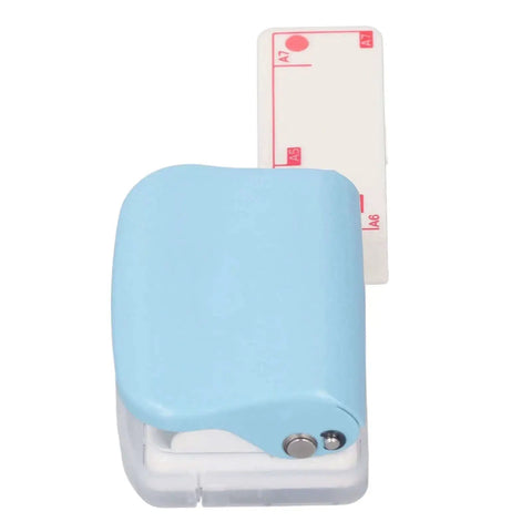 Front view of blue Three Hole Paper Punch Handheld Office And School Multi Size Puncher for A4 B5 A5 A6 A7 paper with alignment guide.