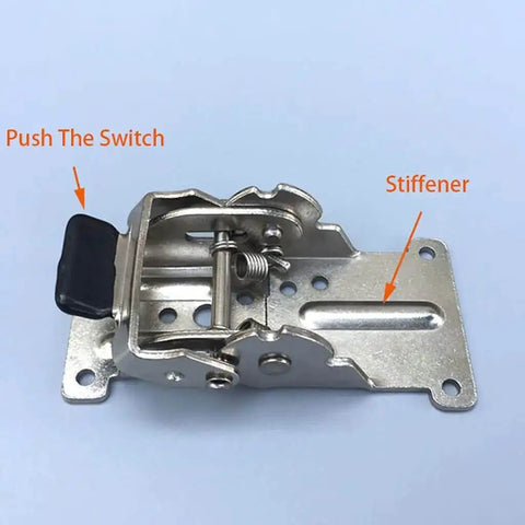 Silver self-locking folding hinge for tables and cabinets showing switch and stiffener, made of heavy-duty 2.5 mm cold-rolled steel.