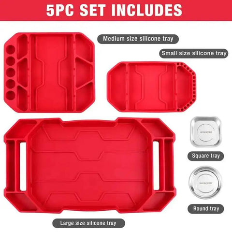 5-Piece Non-Slip Tool Tray Set With Silicone Tool Mats And Magnetic Parts Trays for easy garage workshop organization.