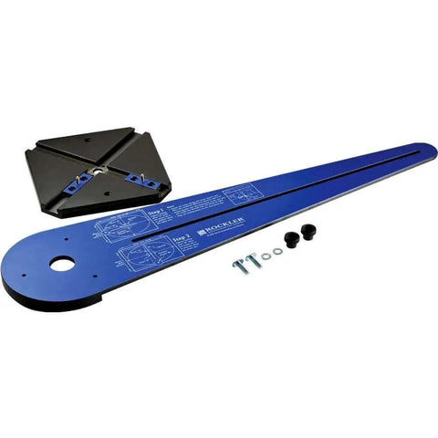 No Fuss Ellipse Router Circle Cutting Jig For Woodworking with guide arm and dovetail keys, shown disassembled on white background