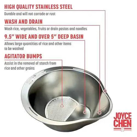 Stainless Steel Rice Washer Strainer Bowl With Agitator Bumps For Quick No Fuss Rinsing, featuring rust-resistant colander, 9.5" wide