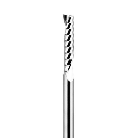 Close-up view of Five Piece O Flute End Mill Set With One Eighth Inch Shank Three Quarter Inch Cutting Length Solid Carbide Spiral Router Bit