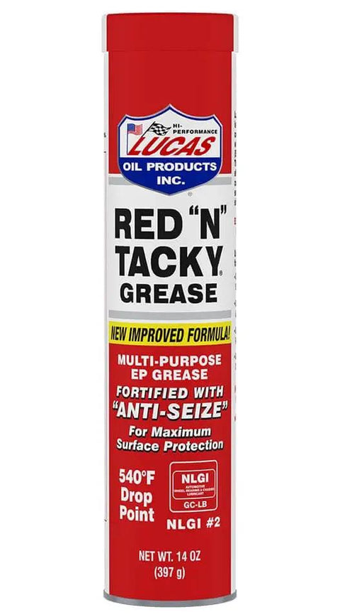 Lucas Oil Products Red N Tacky Grease 14 oz tube, labeled with anti-seize and surface protection features in a red container