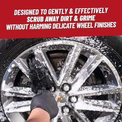 Soft Natural Bristle Wheel And Rim Cleaning Brush With Gerbil Hair For Wheels Rims Exhaust Tips And Delicate Surfaces Safe Brake Dust Removal, applied to a car wheel