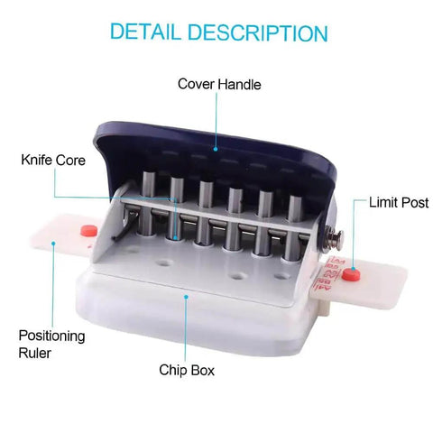 Open view of 6 Hole Puncher For A4 A5 B5 Notebooks And Scrapbooks Handheld Metal Circle Paper Puncher with labeled parts