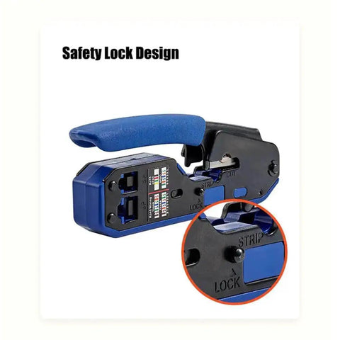 Pro Grade All In One Ethernet Crimp Tool Kit showing safety lock design, with blue handle and detailed view of locking mechanism.