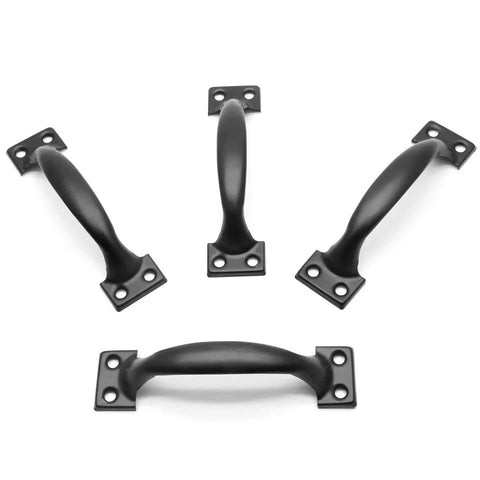 Set of four matte black 4 inch cabinet handles and screws, featuring a durable hollow design for rustic dresser and cupboard use.