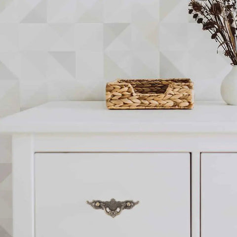 Front view of white dresser with Vintage Cabinet Handles 4.33 Inch Antique Brass Drawer Pulls, decorative hardware for smooth operation.