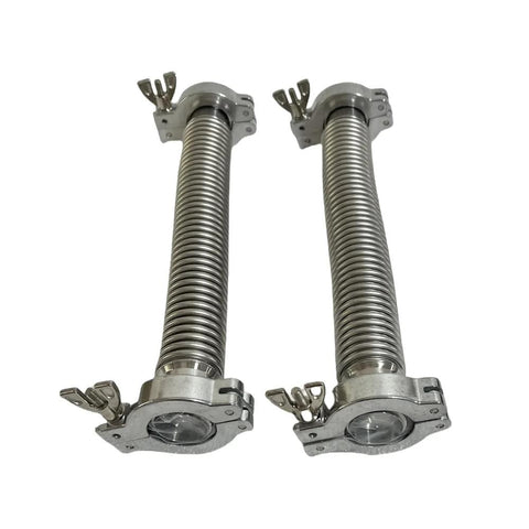 Two KF40 stainless steel vacuum bellows hoses, 250 mm long, with aluminum clamps and center rings.