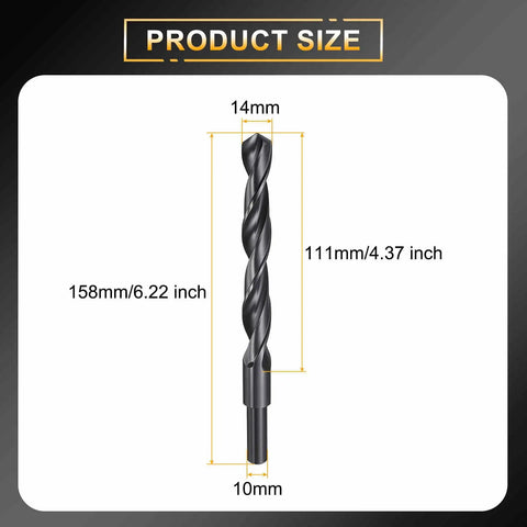 14mm Drill Bit With 10mm Reduced Shank Heavy Duty HSS 4241, Black Oxide Nitriding Finish, showing dimensions and design details.