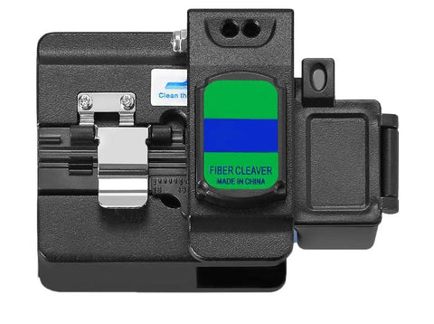 Fiber cleaver in black FTTH toolkit with green and blue label, compact case