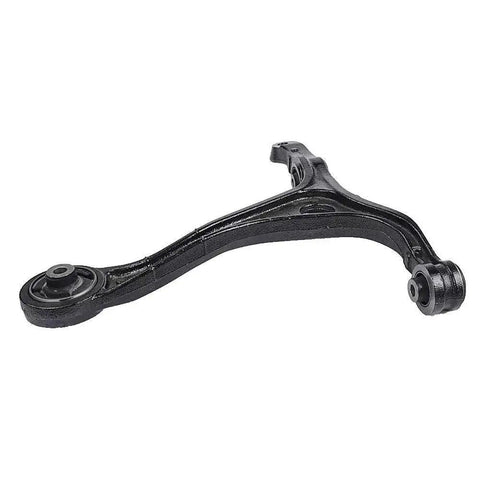 Front lower control arm side view, black metal automotive suspension component