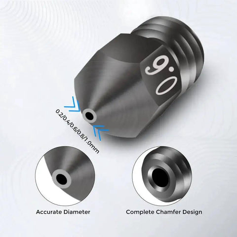 Beefed Up Hardened Steel MK8 3D Printer Nozzle, shown with accurate diameter and chamfer design, sizes 0.2-1.0mm