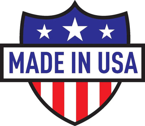 Made in USA badge with stars and stripes design on shield