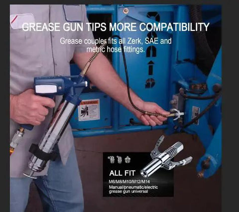 Person using a grease gun coupler with quick lock and double handle six thickened claws for tight fit leak proof seal up to 12000 PSI on machinery.
