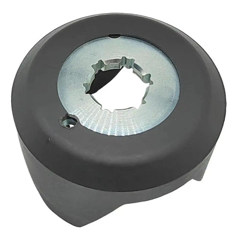 Clutch cam helix transmission part, black plastic body with silver inner spline bore (front view)