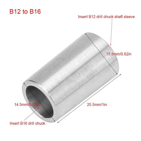 Side view of stainless steel B12-to-B16 drill chuck conversion sleeve; inner bore 14.5mm, length 25.5mm.