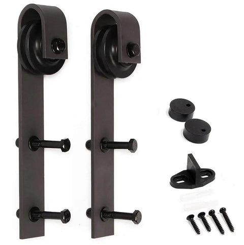 Knotty Pine Sliding Barn Door Kit hardware components, showing metal handles, screws, and rollers for smooth silent tracks.