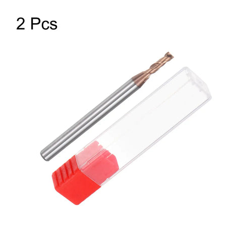 2 Pack 2.5mm Square Nose End Mills 4mm Shank, 2 Flute CNC Router Bits Built Tough With HRC55 Carbide And AlTiN Coating, shown with packaging