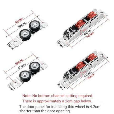 Sliding Door Hardware Kit Heavy Duty Aluminum Track for Closets and Cabinets with Adjustable Triple Panel Bypass F Mount, roller wheels and dimensions detailed.