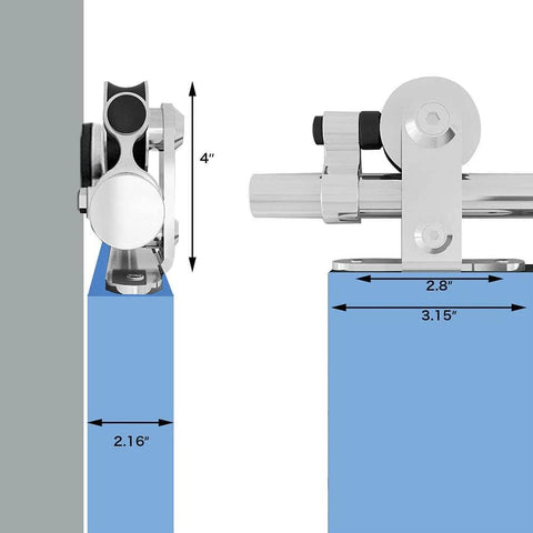 Side and front view of 14 Foot Stainless Steel Sliding Barn Door Hardware Track Kit Top Mount T Hanger Set for a Single Door