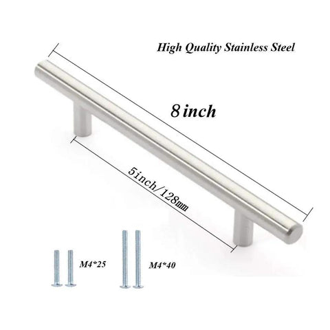 12mm Diameter Brushed Stainless Steel T Bar Cabinet Handles Hollow Pulls 8 Inch with 5 Inch Hole Centers