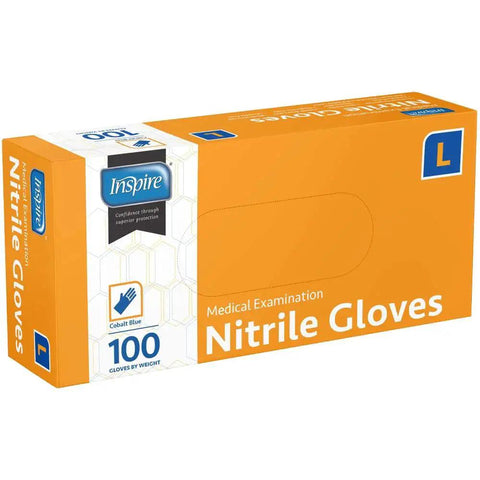 Box of Cobalt Blue Nitrile Examination Gloves Latex Free Medical Grade 4.5 Mil, size L, with 100 gloves per box.