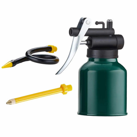 Green Metal Pistol Pump Oil Can With Long Flexible 9 Inch Spout And 3 Inch Straight Spout 8 Ounce Oil Oiler For Lubrication Of Machinery And Tools One Hand Operation Built In Pressure Pump For Hard To Reach Areas