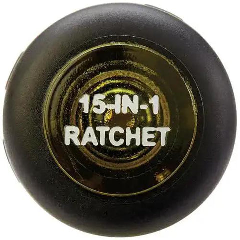 Top view of 15-in-1 Ratcheting Multi-Bit Screwdriver handle cap with ratchet mechanism and logo.