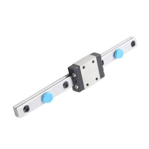 100mm miniature linear rail guide with sliding carriage on aluminum rail and blue adjustment pins