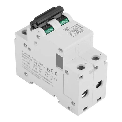 2P Low Voltage DC Miniature Circuit Breaker For Solar Panel Grid Systems 25A, side view with dual pole design, easy DIN rail mounting