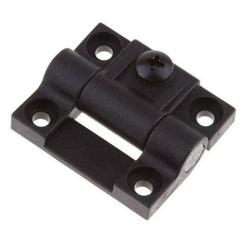 Adjustable Position Control Torque Hinge Two Pack For 43mm By 36mm Plastic Hinge With Four Pre Drilled Countersunk Holes Black E6 10 301 20 Series Door And Cabinet Hinges, shown in close-up view