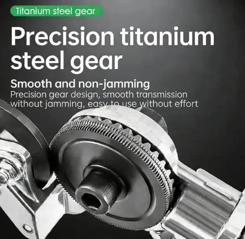 Close-up of precision titanium steel gear on drill nibbler sheet metal cutter attachment.