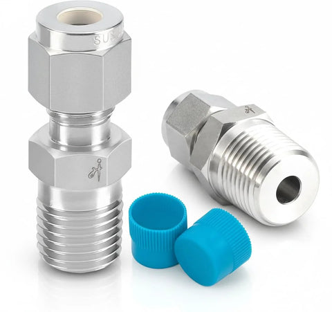 VALVENTO 316 stainless steel compression tube fittings, 1/2 in OD x 1/2 in NPT male straight adapters, 2 blue caps