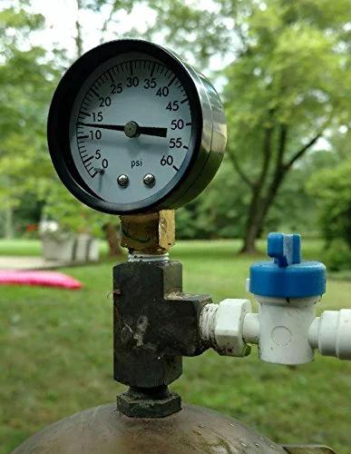 Aquatix Pro pool filter pressure gauge, 2-inch dial, 0-60 psi, mounted on brass valve with blue PVC ball valve.