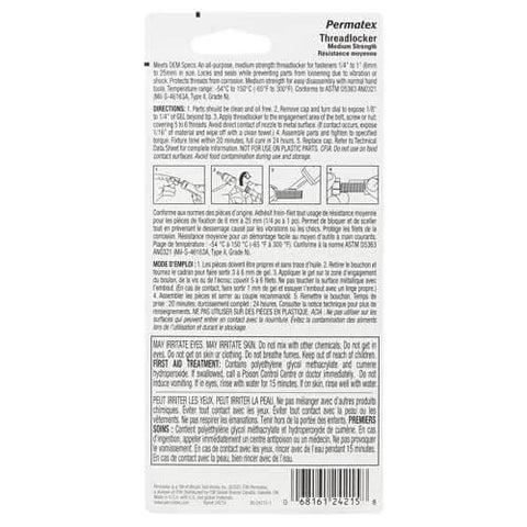Back view of Blue Threadlocker Gel 10 Gram package showing directions and safety information for vertical applications.