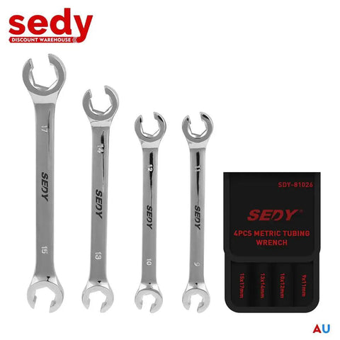 Four Piece Flare Nut Wrench Set With Offset Ends Metric Two Sizes Per Wrench 9 And 11 Millimeter 10 And 12 Millimeter 13 And 14 Millimeter 15 And 17 Millimeter Chromium Vanadium Steel With Pouch For Easy Organization And Nut Removal On Fuel Lines And displayed with black pouch