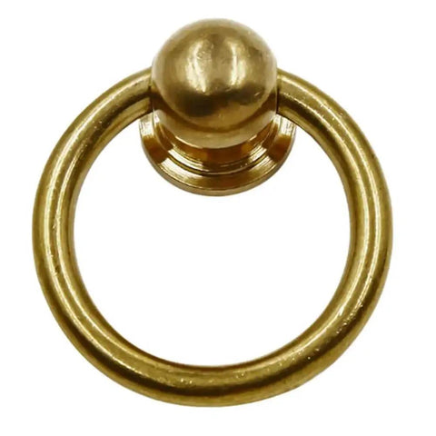 Close-up of Antique Brass Ring Cabinet Pulls Set Of 2 For Dresser Drawers, 1.6 inch diameter, solid brass with polished finish.