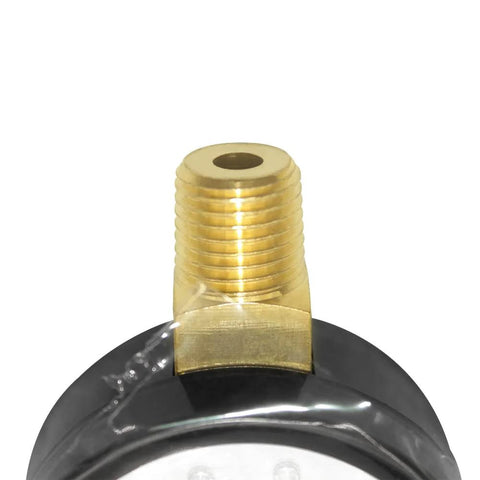 Brass 1/4-in male NPT threaded stem on top of a black pressure gauge, close-up