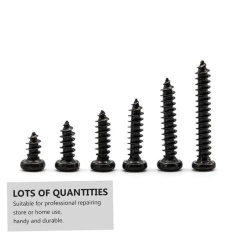 450 Piece Black PA Cross Head Round Self Tapping Screws Kit For Electronics And Furniture Repairs Miniature Screws Set Easy To Use Durable DIY Home And Pro Tools displayed in varying sizes against white background.