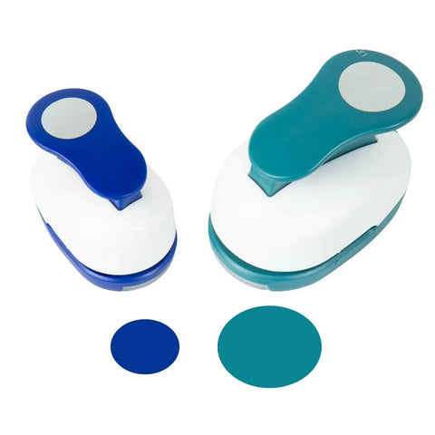 2 Piece Circle Cutter Set With 1.5 Inch And 1 Inch Punches for paper crafts, shown with blue and teal circle punches.