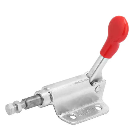 Industrial-Grade Galvanized Iron Toggle Clamp With 10mm Range And 60kg Clamping Force, front view, red handle.