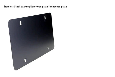Side view of Stainless Steel License Plate Backing Reinforcement Plate Black 12x6 1mm Thick with screws and caps.