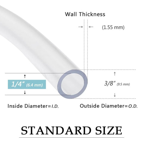 Clear vinyl tubing cross-section showing 1/4 in ID (6.4 mm) and 3/8 in OD (9.5 mm).