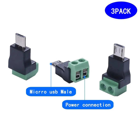 Three Micro USB male to 2-pin green crimp adapters with screw terminals, solderless design, 3-pack, labeled as Micro USB 2.0 connectors.