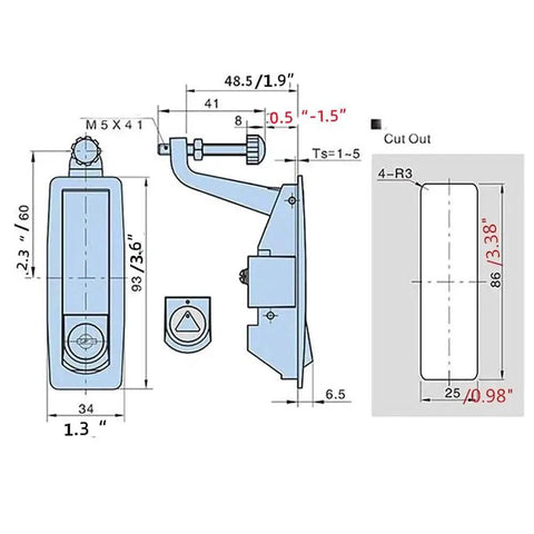 Diagram of 4 Pack Hand Operated Compression Latch Locks Flush Mount Zinc Alloy Lever Black with dimensions.