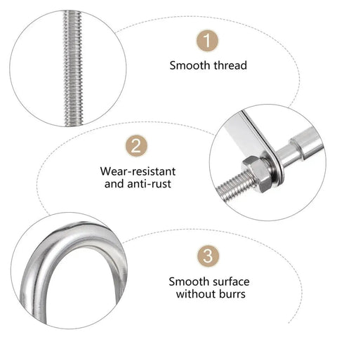 Features of Stainless Steel 304 U Shaped Bolt M6x90 With Nut And Washer for marine and trailer fastening, highlighting wear resistance and smooth finish.