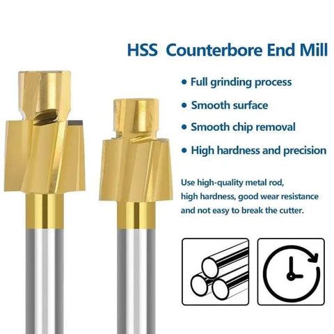 Two titanium-coated HSS counterbore end mills M4.2x7.4x6x50 for metal milling, showing smooth surface and high precision.