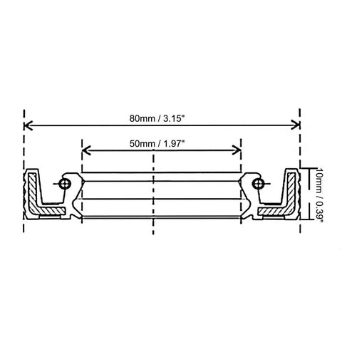 Diagram of Heavy Duty Oil Seal For Bearing Shaft 50x80x10mm Nitrile Rubber 70A with spring and double lip features.