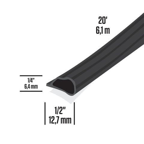 Highly Durable Silicone Rubber Gasket Seal For Doors And Windows Flexible In Extreme Temperatures Indoor And Outdoor Use No Hardware Needed 20 Ft Black Weather Stripping By M D Building Products, showing dimensions and cross-section design.